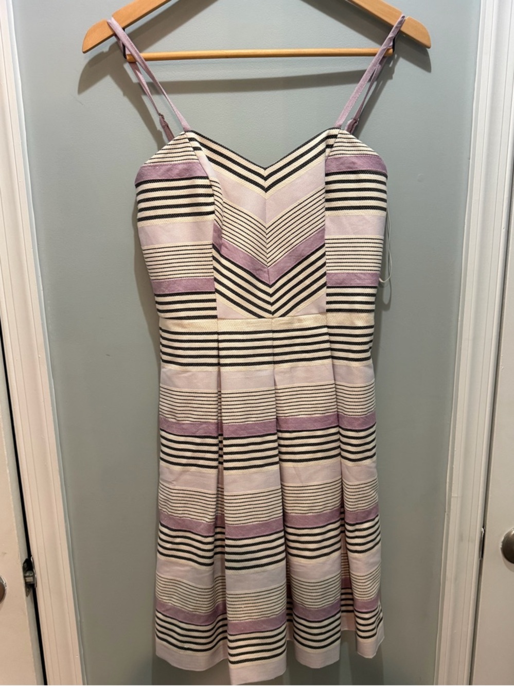 White House Black Market Cream, Black & Lilac Striped Dress